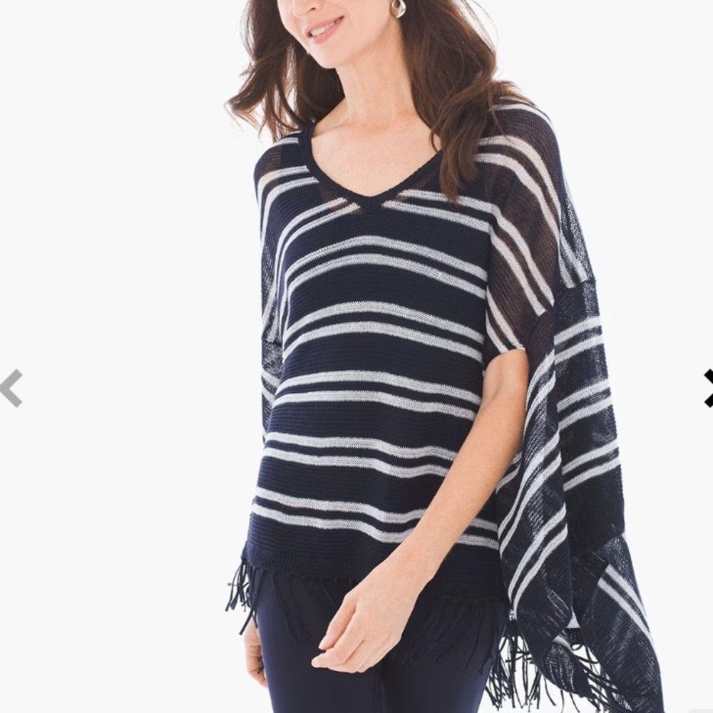 Chico’s Rebekah Fringe Striped Poncho linen knit O/s